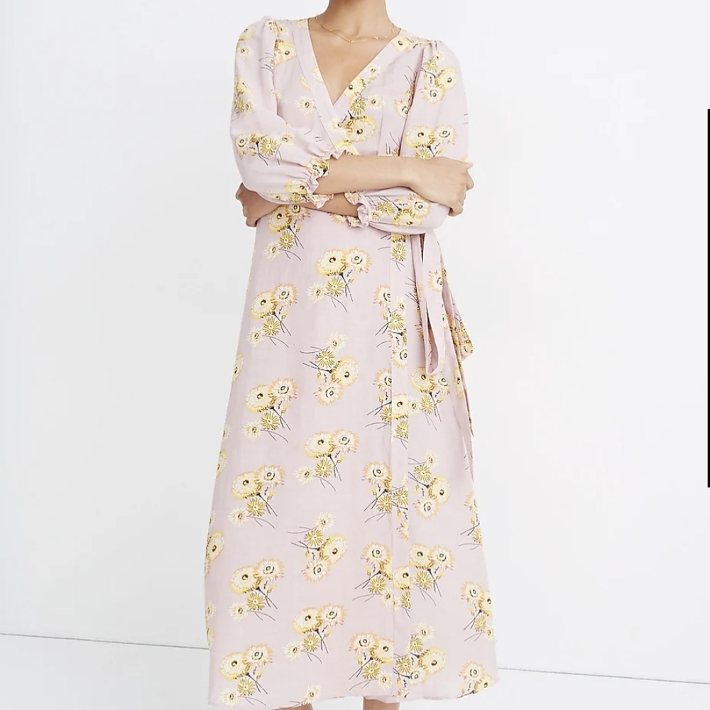 Madewell Linen-Blend Ruffle-Cuff Wrap Dress in Dutch Dandelions size M